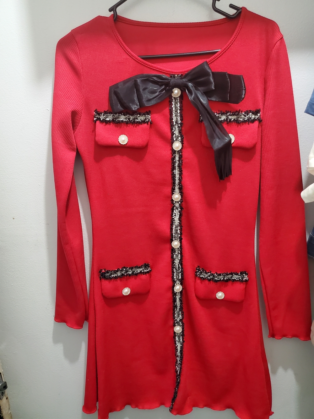 Red Bow-Accent Long Sleeve Womans Dress
